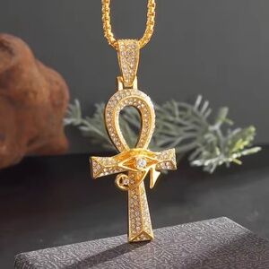 Gold plated Iced out 3A CZ Ankh pendant free chain included